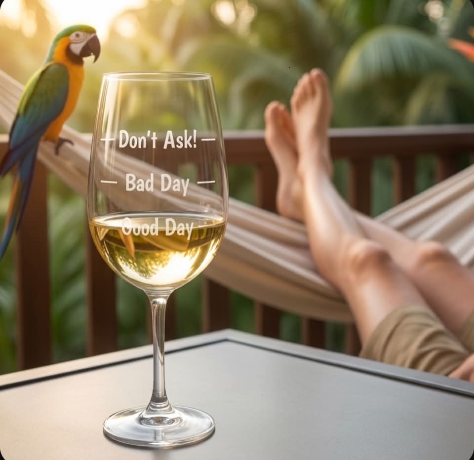 The Mood Wine Glass on table with white wine poured to Good Day level. Novelty wine glass with three fill lines.