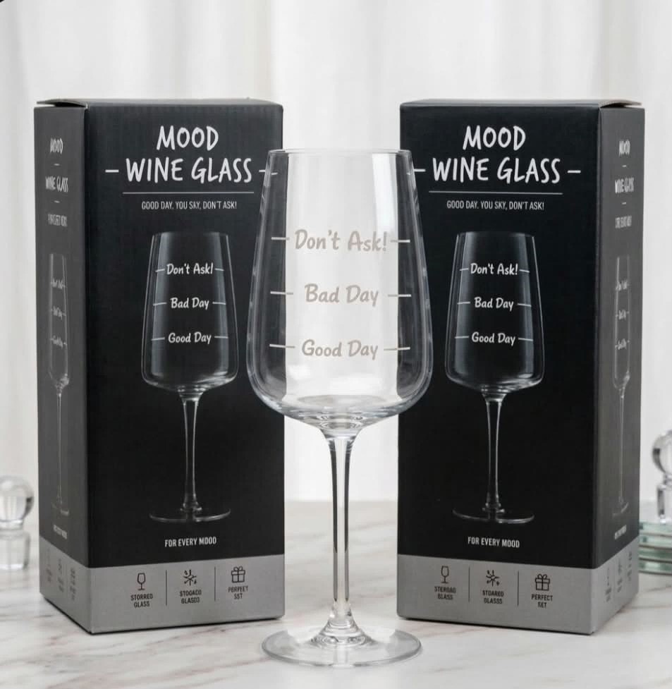 The Mood Wine Glass with Good Day Bad Day Don't Ask etched lines and gift box. Novelty wine glass with three fill lines.