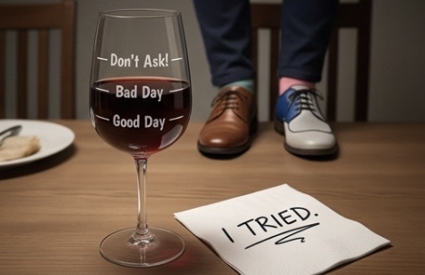 The Mood Wine Glass filled with red wine next to I Tried napkin. Novelty wine glass with three fill lines.