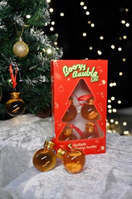 Boozy Baubles fillable Christmas baubles, shown filled with whisky